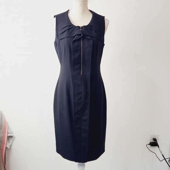 TAHARI Solid Black Sleeveless Ruffle Round Neck Front Zip Sheath Dress Size: 6 - Picture 1 of 15